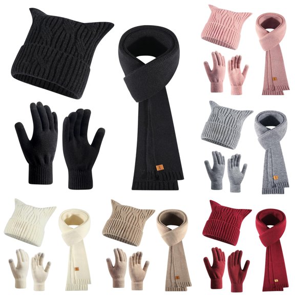 XIAOCHA Women's Cable‑Knit Beanie Hat Solid Outdoor Walking Scarf Touchscreen Gloves Fall Winter Neckwear,Black