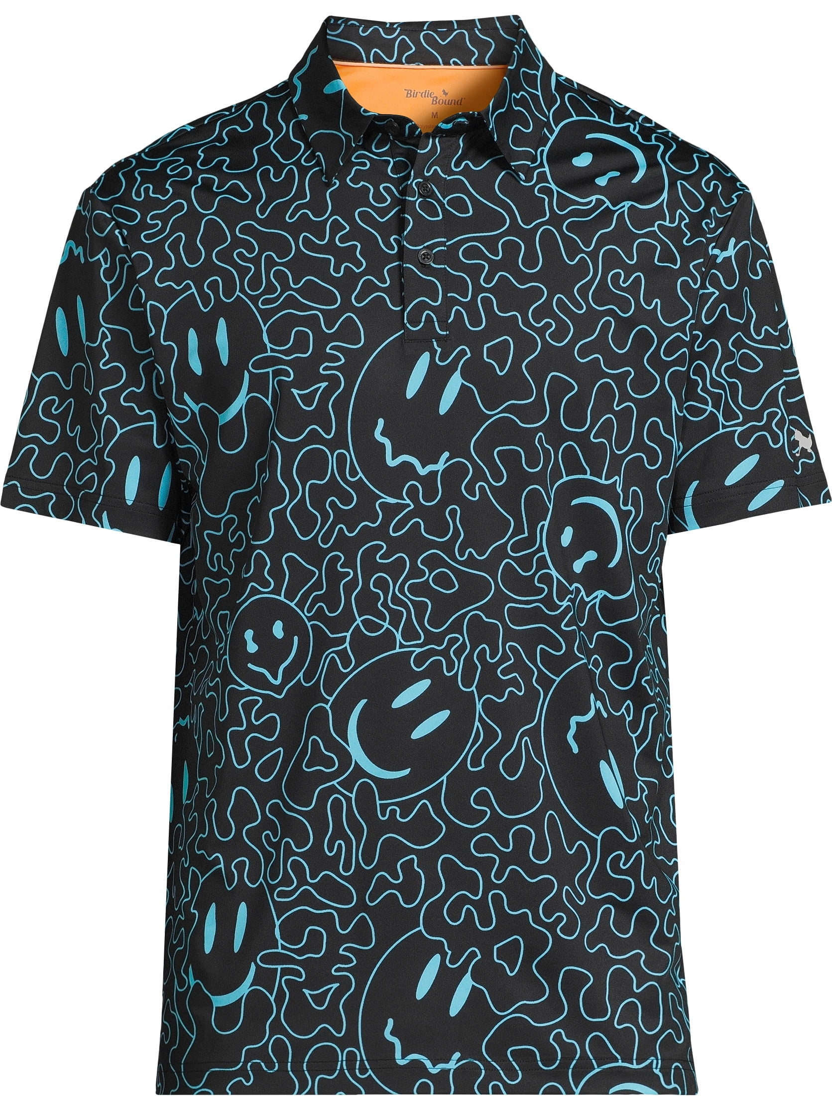 Birdie Bound Men's and Big Men's Graphic Print Groovy Wavy Smile Face Golf Polo Shirt, Sizes S-3XL