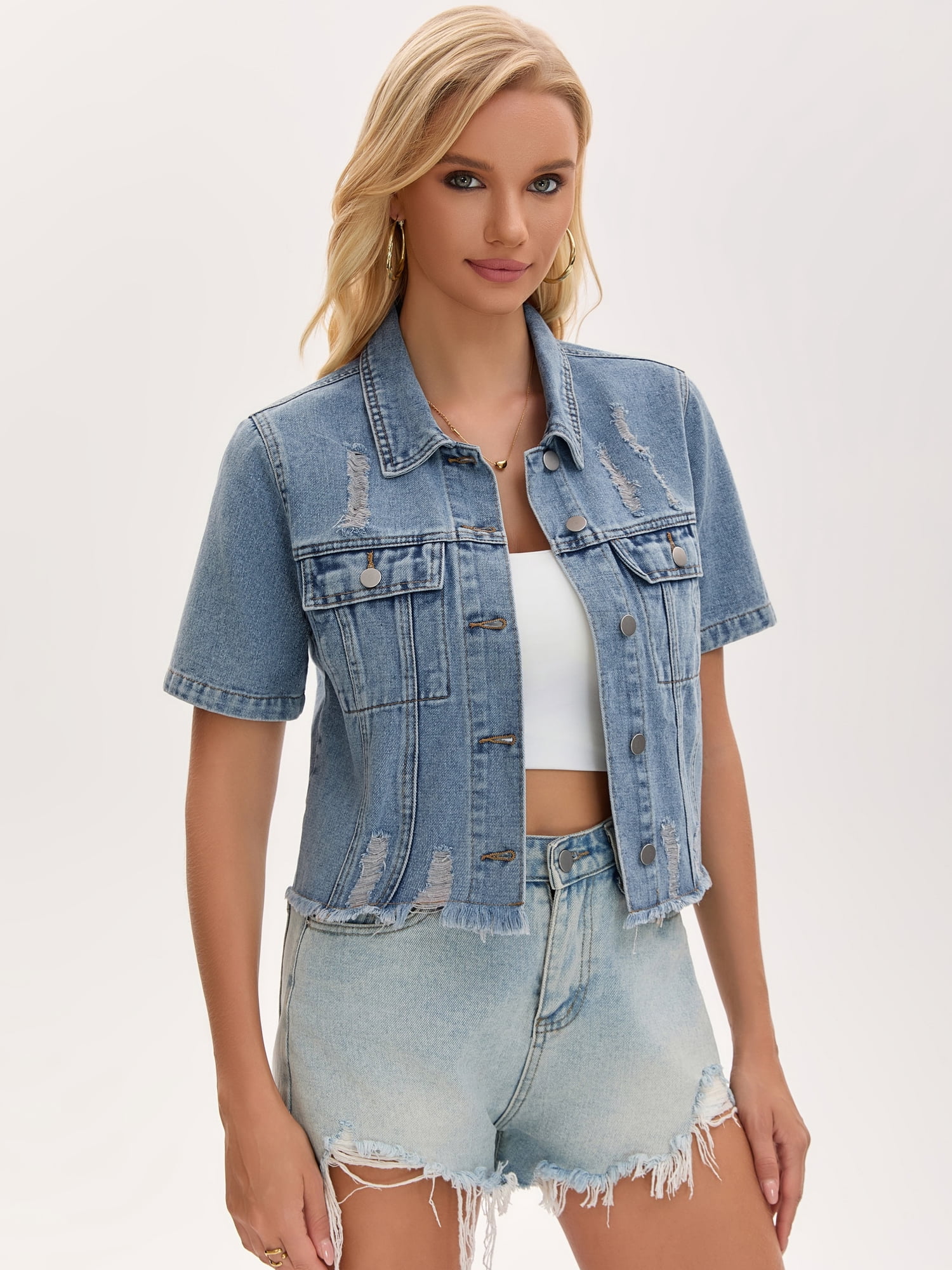 DARING DIVA Women's Short Sleeve Button Up Ripped Frayed Cropped Jean Jacket L Gray Blue