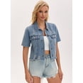 thumbnail image 7 of DARING DIVA Women's Short Sleeve Button Up Ripped Frayed Cropped Jean Jacket S Gray Blue, 7 of 7