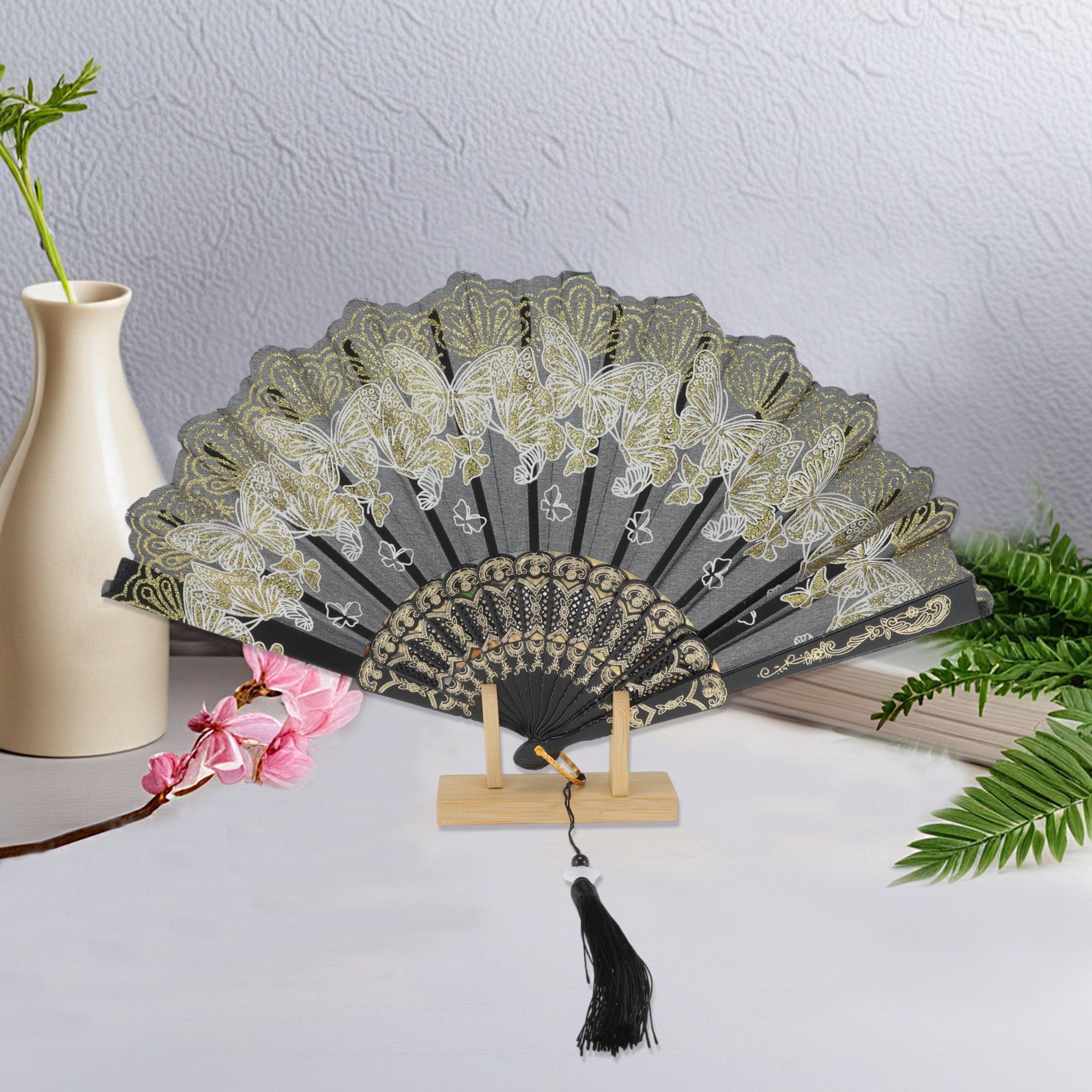 Unique Bargains Elegant Butterfly With Tassel Folding Fan 1PC Black