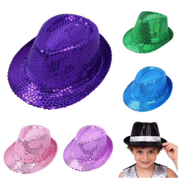 VOUZZA Kids Sequin Top Hat Glitter Fedora Cap Stage Performance Magic Show Dance Accessory Birthday Party Hat for Boys Girls