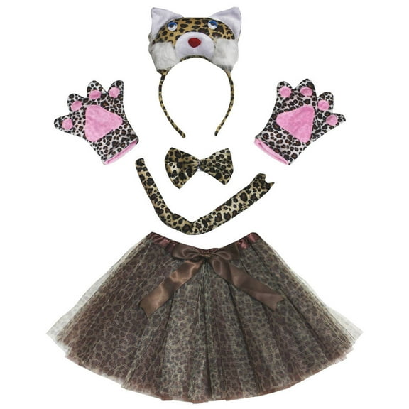 Petitebelle Cutie Leopard Headband Bowtie Tail Gloves Tutu 5pc Costume (Brown, 1-5 Years)