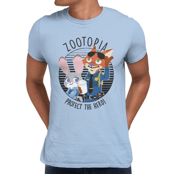 Disney Pixar Zootopia Judy Hopps Nick Wilde Protect Crew Men's T Shirt (Light Blue, S-XXXL)