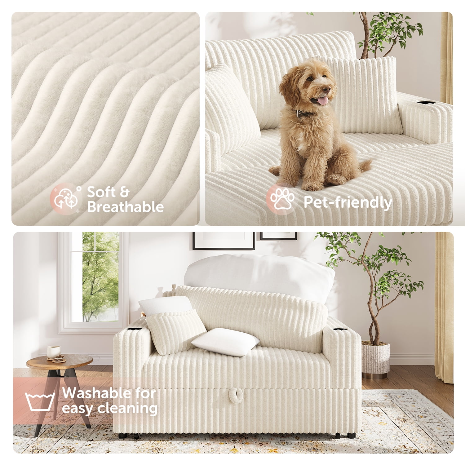Marrber 52" Convertible Sleeper Loveseat with Reclining Backrest & Cup Holders, Pet-Friendly Corduroy for Small Space, Beige