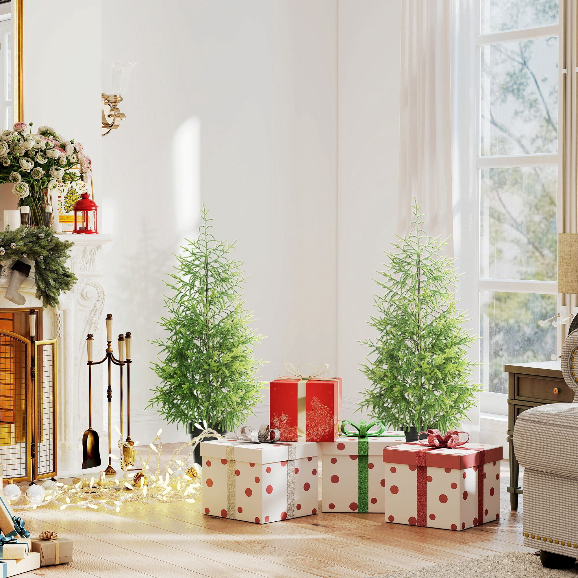 Artificial Christmas Tree Set of 2, 4 ft Norfolk Pine with 133 Molded Tips and Pot Base, Easy Assembly for Indoor and Covered Outdoor Spaces