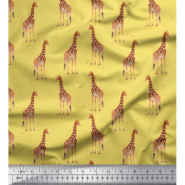 Soimoi Yellow polyester Crepe Fabric Dot & Giraffe Animal Decor Fabric Printed BTY 42 Inch Wide
