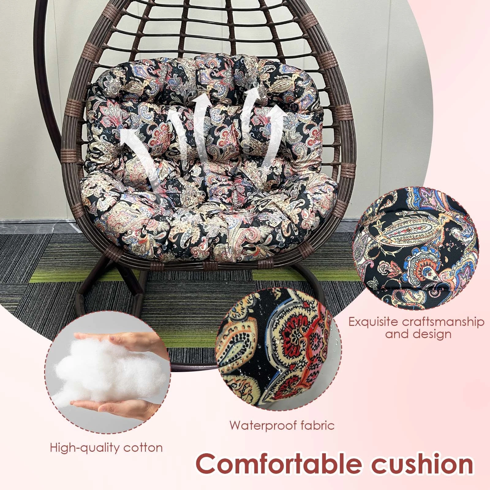 TOPCHANCES Egg Chair Cushion Only, Water-Resistant Outdoor Rocking Chair Cushion, Thick Papasan Seat Cushion with Ties for Patio, Porch, Balcony, Garden (Ethnic Style)