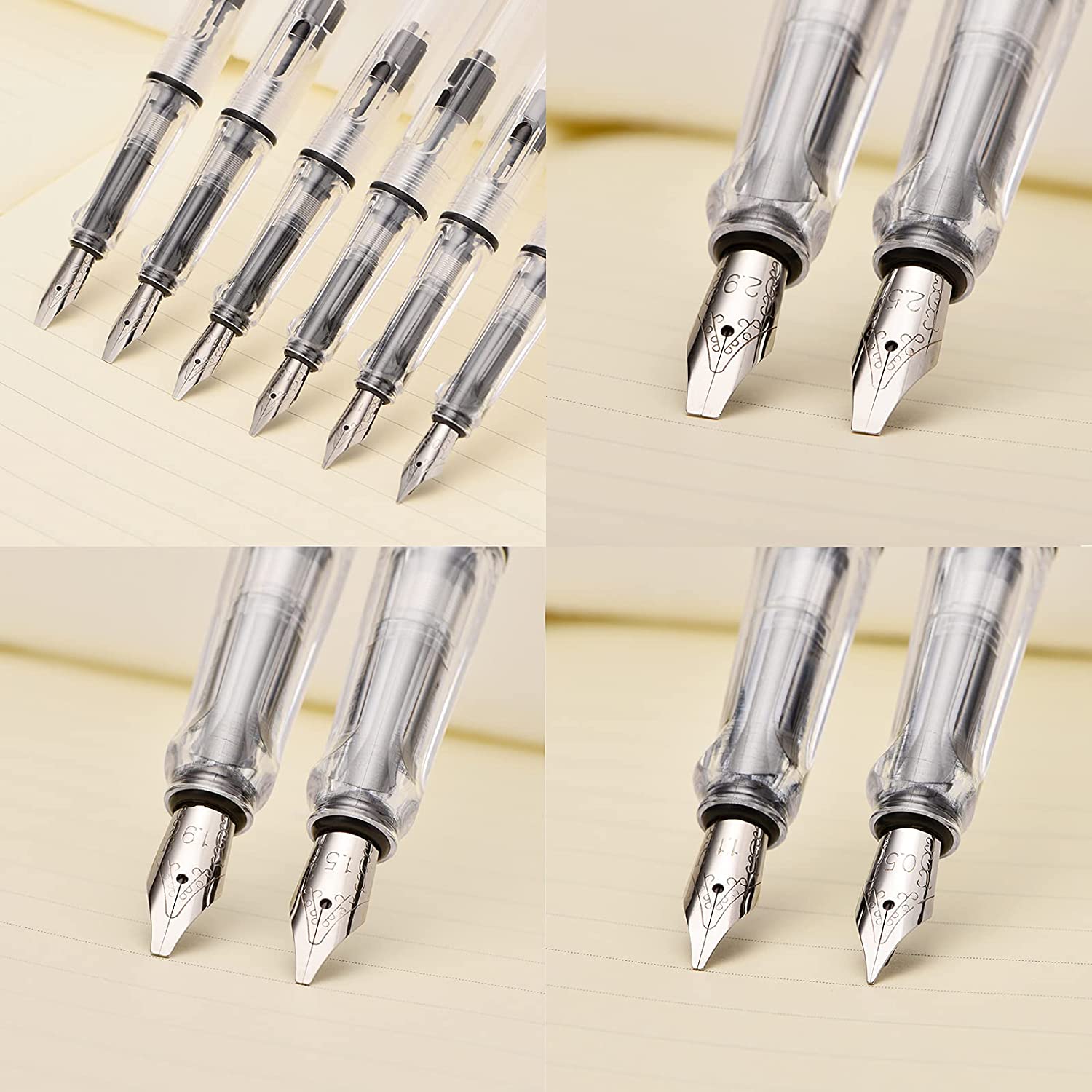 Yongsheng Calligraphy Fountain Pen Set Transparent Clear, 6 Assorted Tip Sizes for Art Drawing and Writing Signature