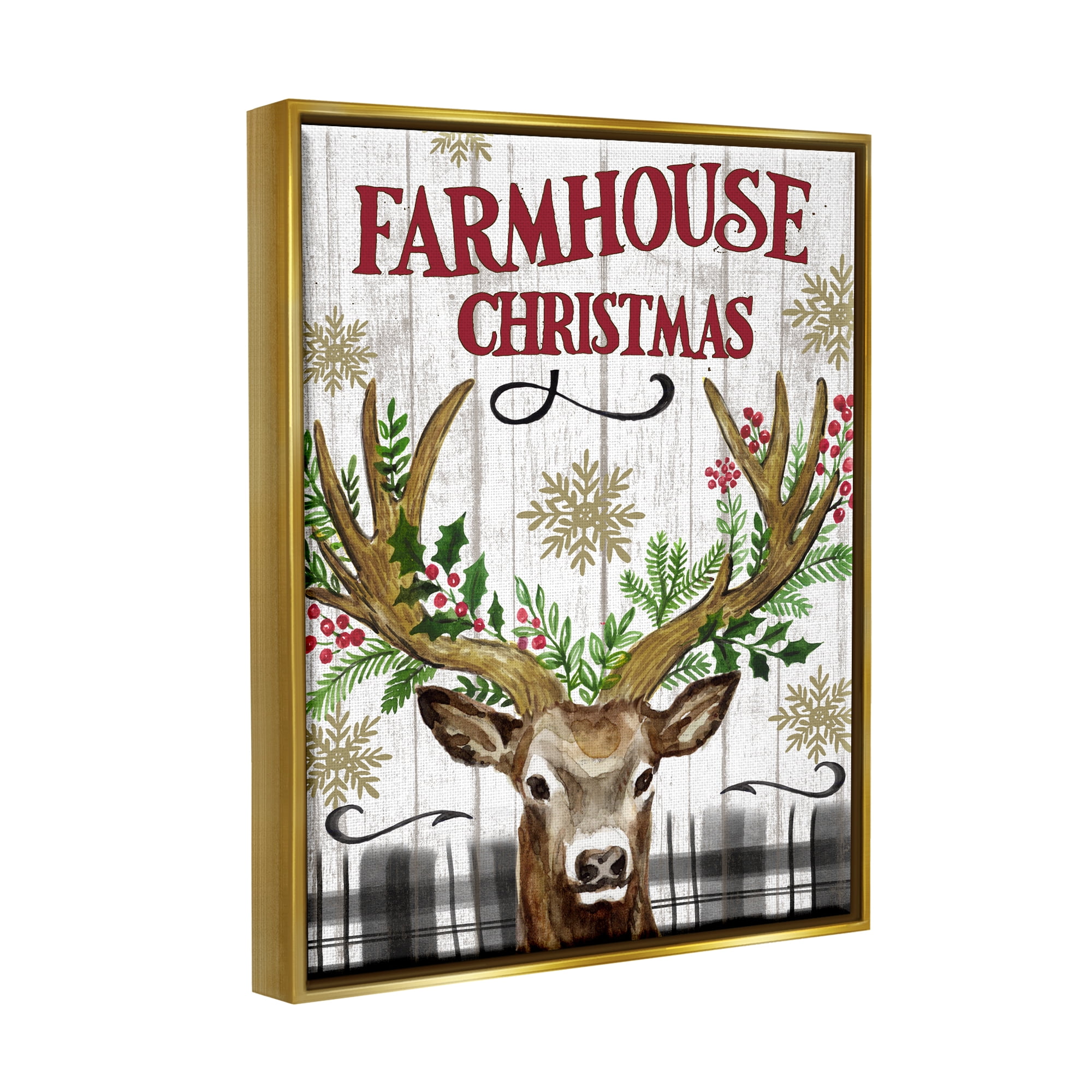 Stupell Industries Farmhouse Christmas with Plaid Holiday Painting Gold Floater Framed Canvas Art Print Wall Art, 25 x 31