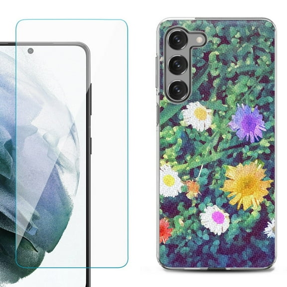 Shockproof Fashion Phone Case for Samsung Galaxy S23  / S23 Plus 5G, with Tempered Glass Screen Protector, by OneToughShield ® - Daisy Paint