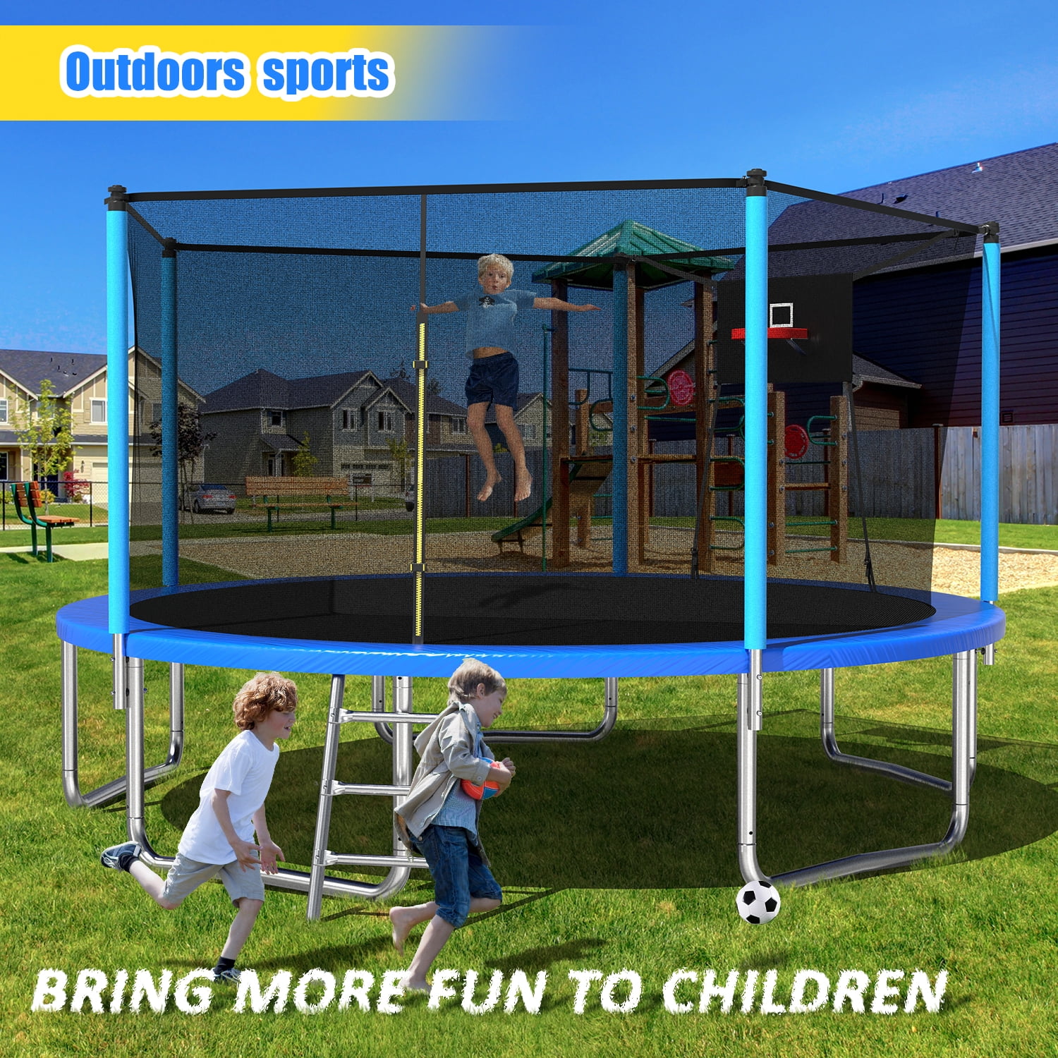 Leumius 14ft Trampoline with Basketball Hoop,Heavy-Duty Outdoor Trampoline with with Enclosure Net,Upgraded Kids Recreational Trampoline for Family,Blue