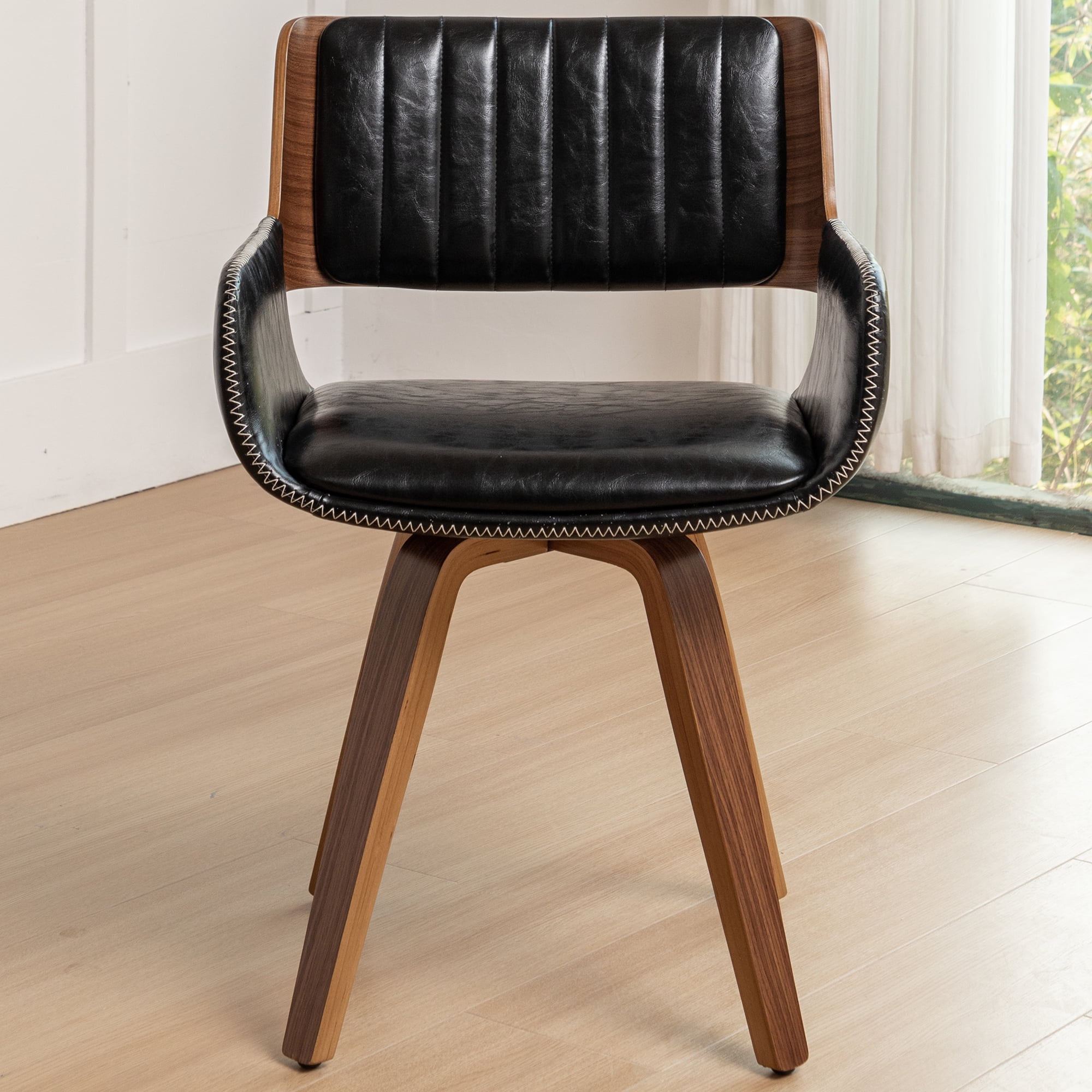 FOWEOAIU Modern Dining Chairs,Leather Upholstered Walnut Wood With rotation Kitchen Dining Chairs , Black (Set of 2)