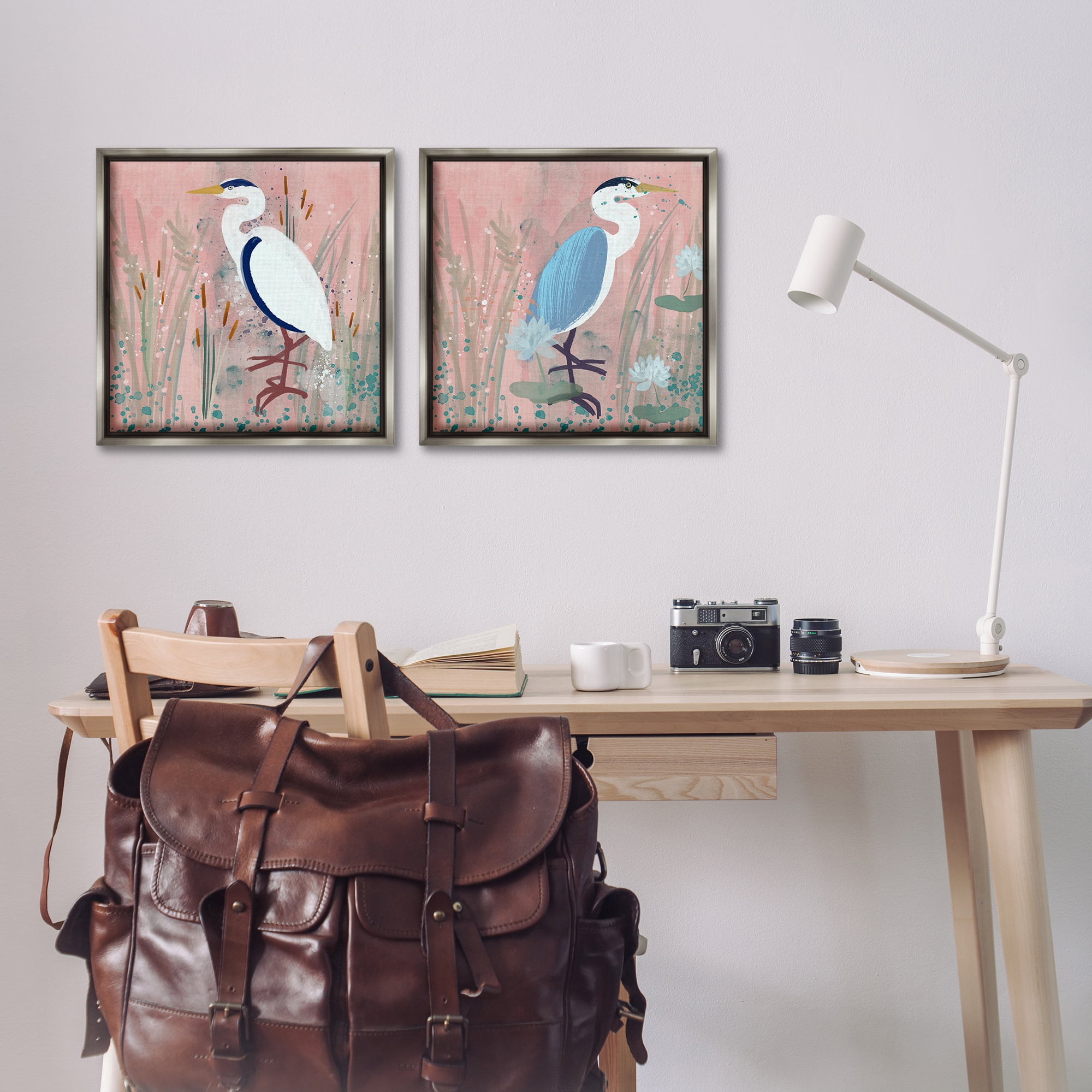 Stupell Industries Blue Heron Egret Cattail Marsh Animals Painting Gray Floater Framed Canvas Art Print Wall Art, 18 x 18, Set of 2