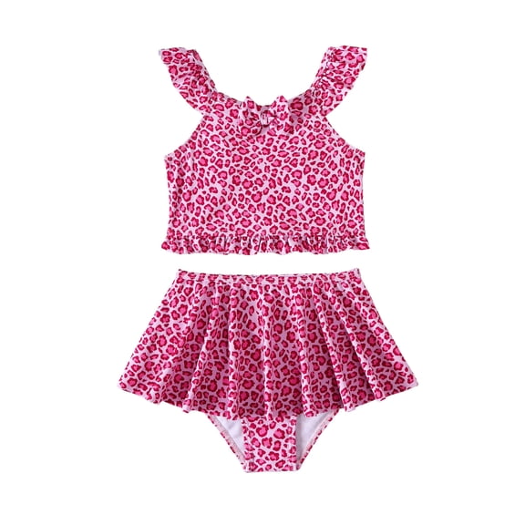 Kucnuzki 4T Toddler Girl Swimsuit Set 5T Child Beach Swim Wear Ruffle Halter Top Skirt Bottoms Leopard Bikini Set Bathing Suit 2pcs Tankini Sets Pink