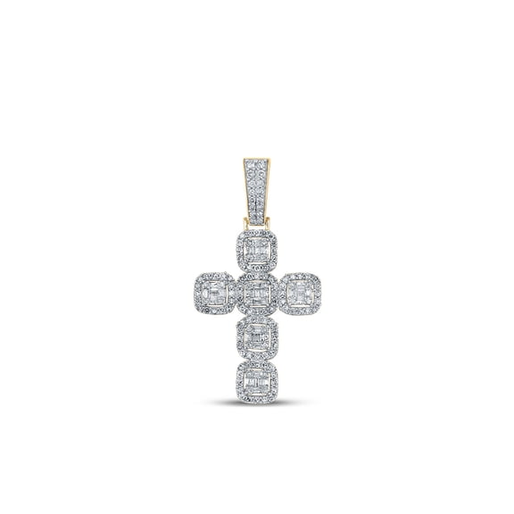 10kt Yellow Gold Mens Baguette Diamond Cross Charm Pendant 1-1/3 Cttw