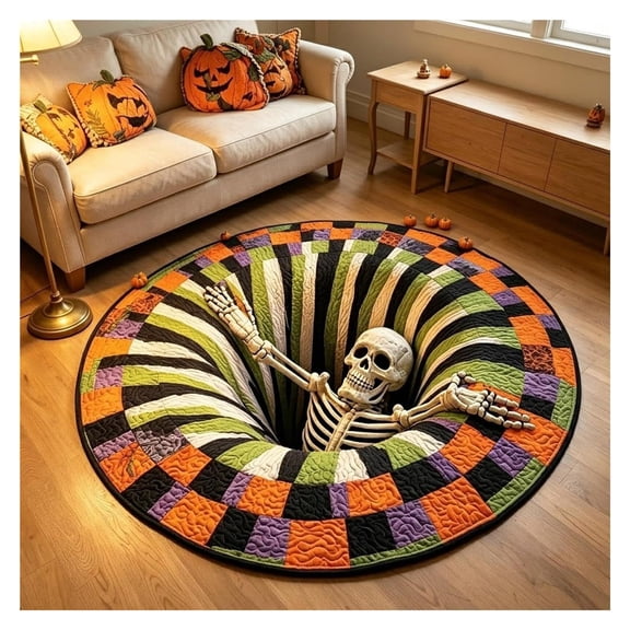 3D Skeleton Vortex Quilted Illusion Mat, Halloween Round Rug Soft Non-Slip Polyester Door Mat, Low-Profile 5mm Thick for Living Room, Kitchen, Bathroom.