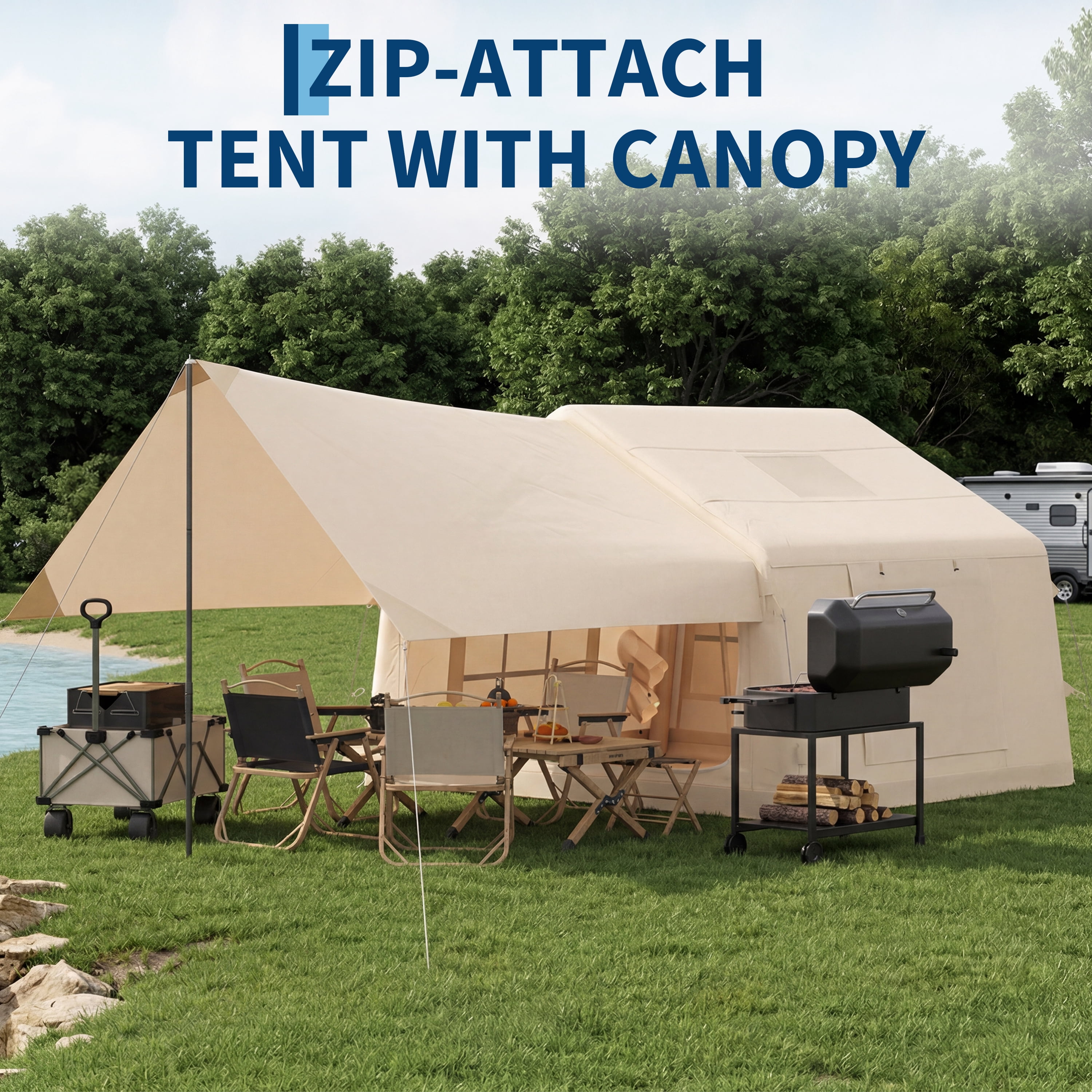 Inflatable Tents for Camping, Easy Setup Inflatable Hot Tent with Skylight & Stove Jack, Blow Up Tent with Pump, Waterproof Oxford Air Glamping Tents for Adult 6-8 Person