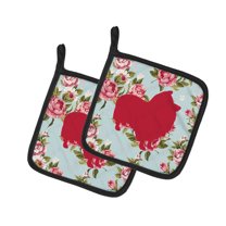 Sheltie Shabby Chic Blue Roses Pair of Pot Holders