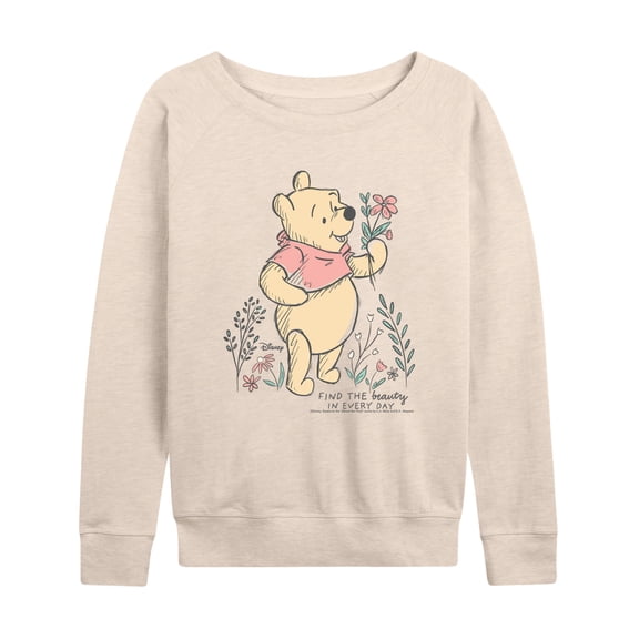 Disney - Find Beauty Pooh Women's Lightweight French Terry Wide Neck Long Sleeve Graphic Shirt
