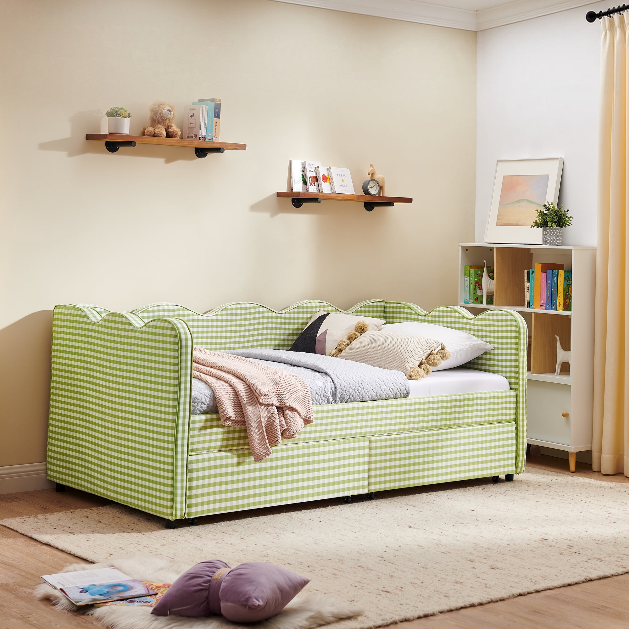 Leumius Twin Size Gingham Daybed with Storage Drawers,Modern Linen Daybed with USB Ports & Wave Shaped,Upholstered Day Bed Frame Sofa Bed for Living Room/Bedroom/Guest Room,Green