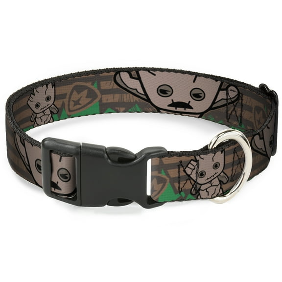 Marvel Comics Pet Collar, Dog Collar Plastic Buckle, Kawaii Groot Poses Guardians Badge Browns Green, 7 to 8.5 Inches 0.5 Inch Wide