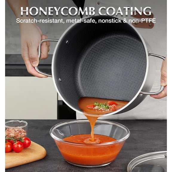 Triply Stainless Steel Pot 6 Quart Nonstick Hybrid  Interior Stock Pot with Lid All Cooktops Oven Safe