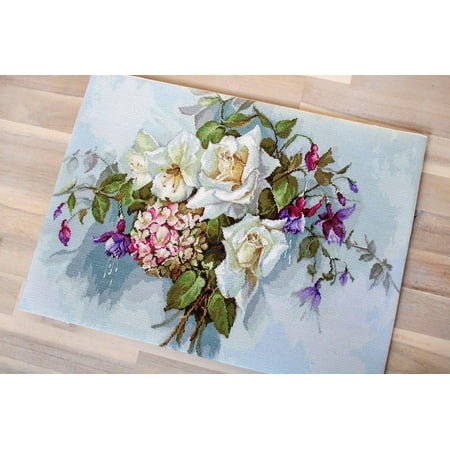 UPC: 4840746044601 | Counted Cross-Stitch Kit Bouquet with Roses BA2363L Needlework Easy Small Flowers Green Canvas By Luca-S