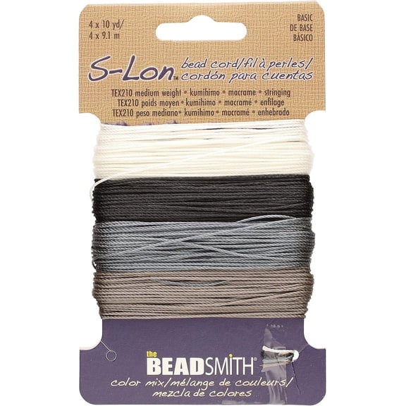 The Beadsmith S-Lon Bead Cord – .5 mm Twisted Nylon Cord for Stringing, TEX210, Basic Mix, 4 Colors, 10 Yards Each Color