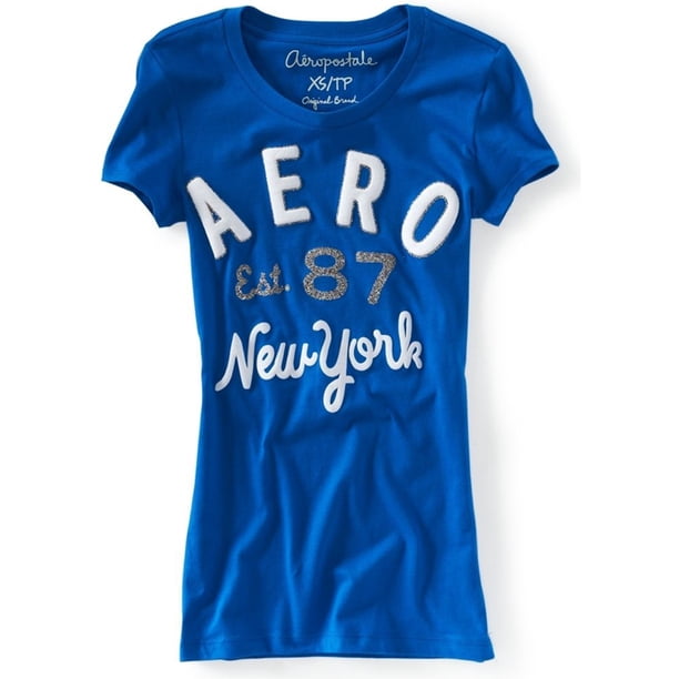 Aeropostale Mujer Aero Est. 87 Camiseta con gráfico brillante, azul, talla extra pequeña Aeropostale Camiseta gráfica