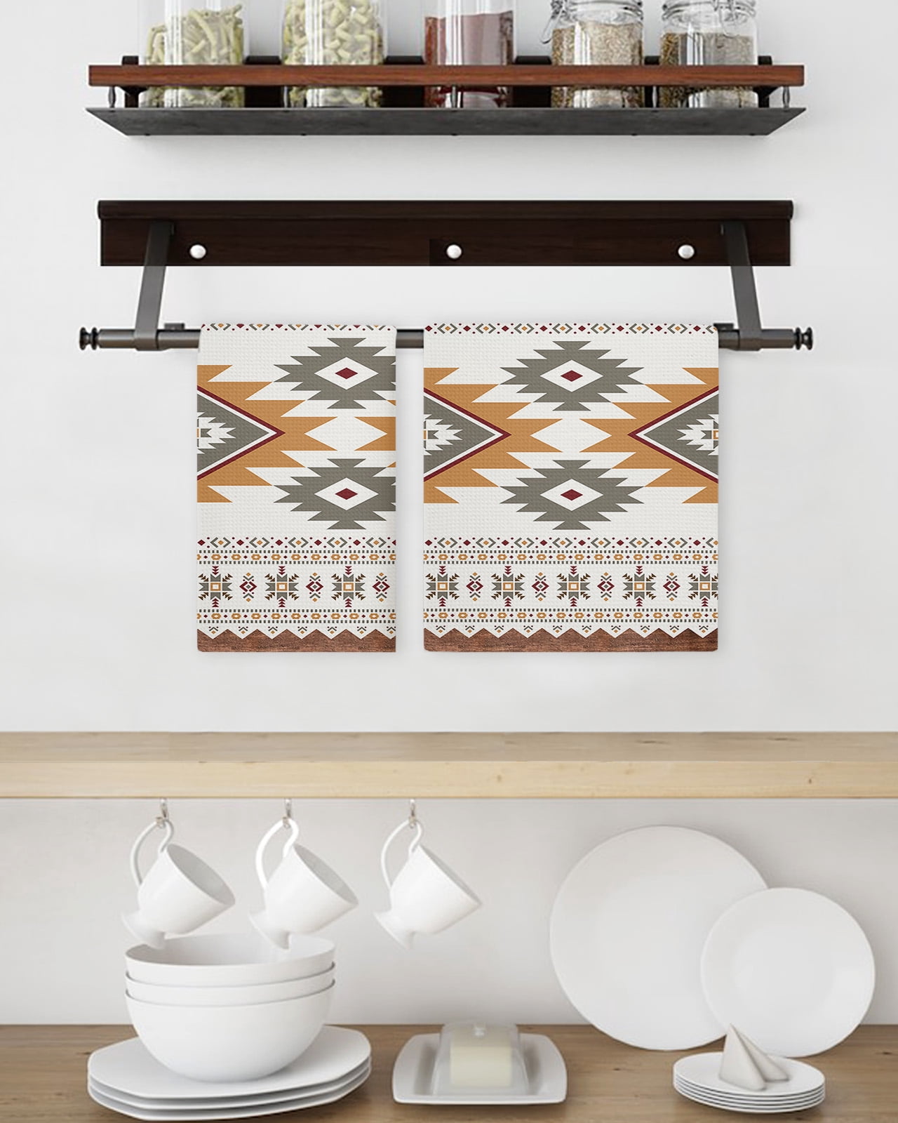 Southwest Geometric Hand Towels Set,Waffle Weave Kitchen Towels 3Pcs,Western Beige Grey Boho Vintage Wooden Microfiber Hair Face Bath Tea Towel Absorbent Quick Drying Cleaning Dish Cloths 15.7"x23.6"