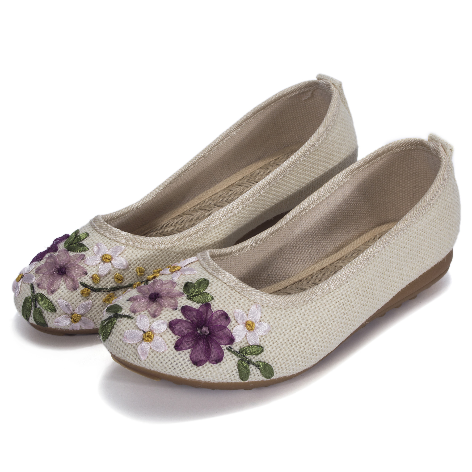 DODOING Womens Ballet Flats Floral Embroidered Cut Platform Shoe Slip On Casual Driving Loafers, Khaki/ White/ Navy Blue, 4-10 Size - image 3 of 7