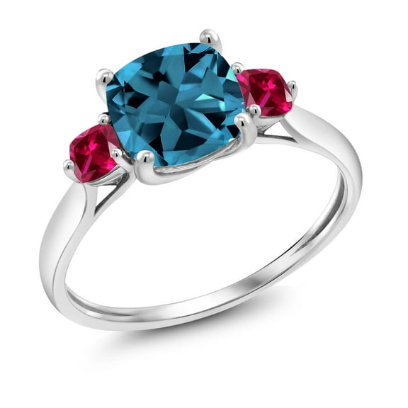 Gem Stone King 10K White Gold London Blue Topaz and Red Created Ruby 3 Stone Engagement Ring for Women (2.15 Cttw, Cushion 7MM, Gemstone November Birthstone, Size 9)