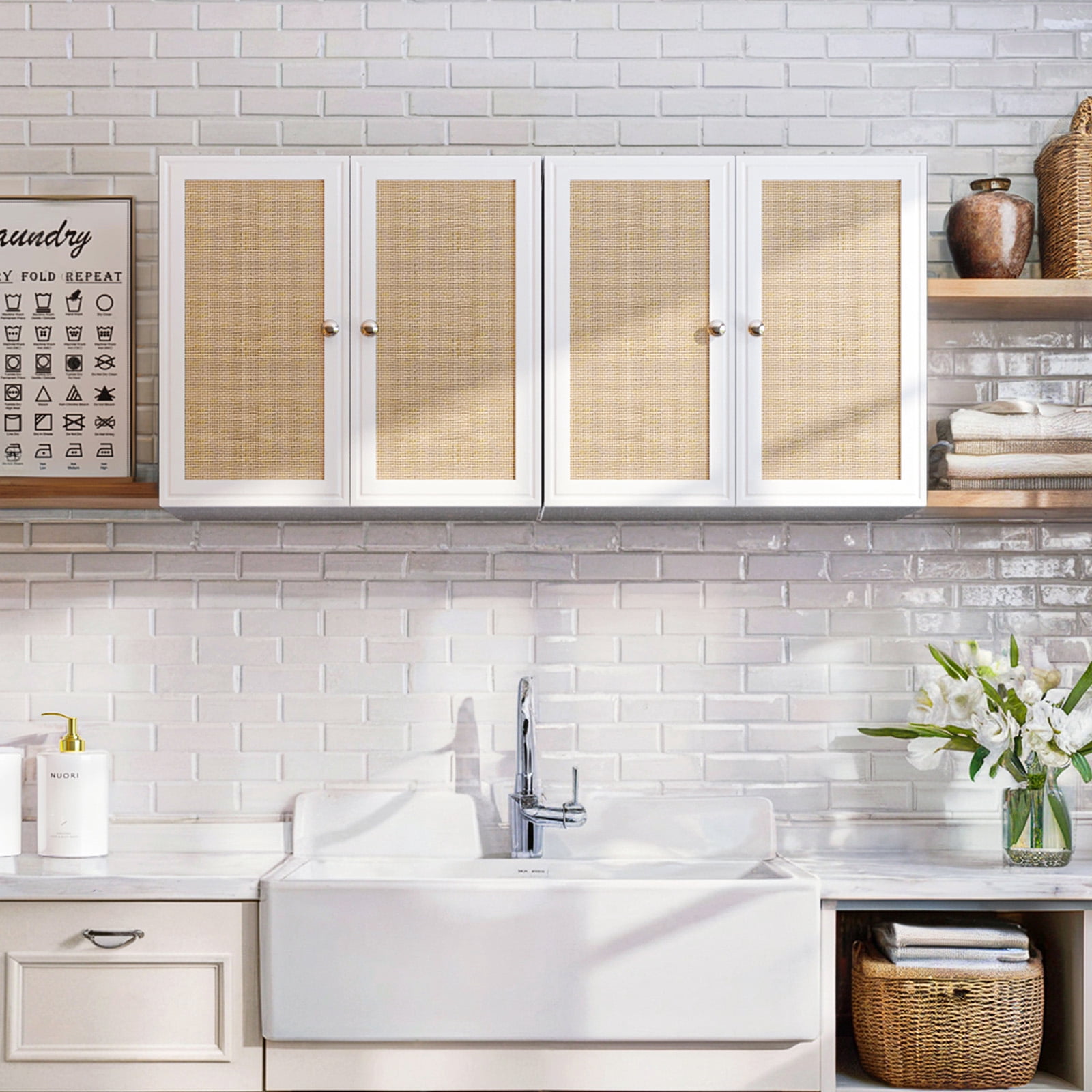 48 Inches Laundry Room Wall Cabinets Bathroom Cabinets Wall Mounted with Adjustable Shelves, Rattan Wall Cabinet for Bedroom, Kitchen, Bathroom