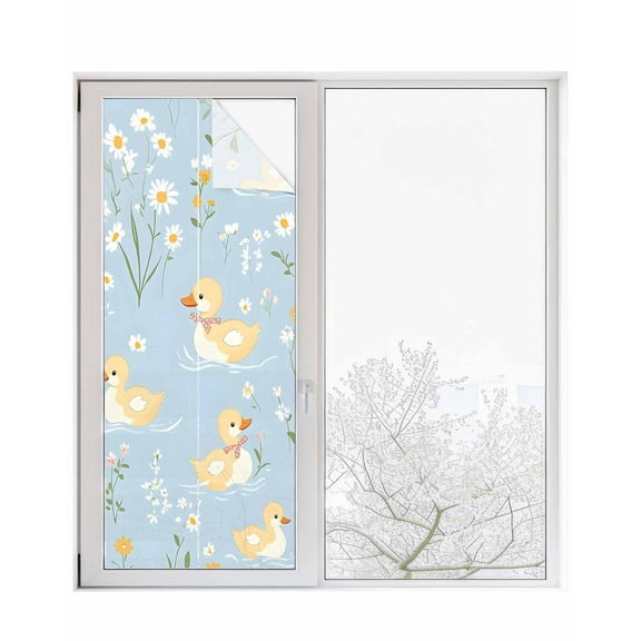 Window Privacy Film White Daisy Stained Glass Window Film Decorative Sun Block Window Cover Spring Floral Duck Greenery Blue Window Clings Static Adhesive Sticker for Bathroom 29.5"x78.7"