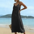 thumbnail image 4 of fheaev Women's Maxi Dress Linen Spaghetti Strap V Neck Lace Trim Sleeveless for Beach Vacation Black L, 4 of 7