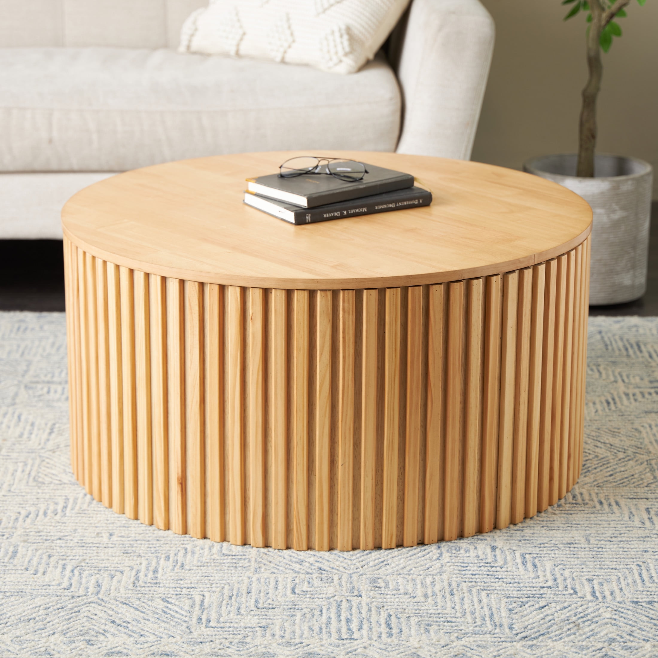 DecMode 32" x 16" Brown Wood Handmade Ribbed Coffee Table with Slatted Base, 1-Piece