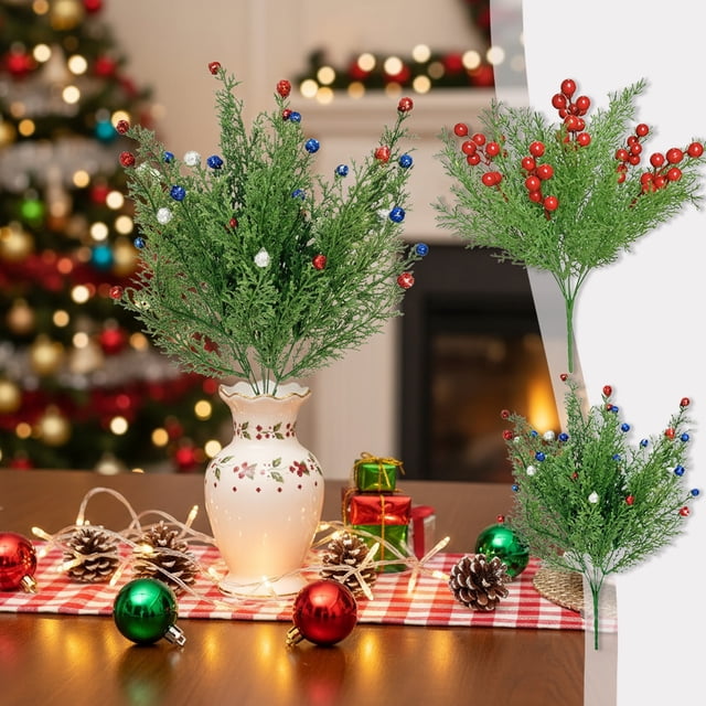 Artificial Christmas Flowers - Red Plastic Bouquet with Greenery for Holiday Decor