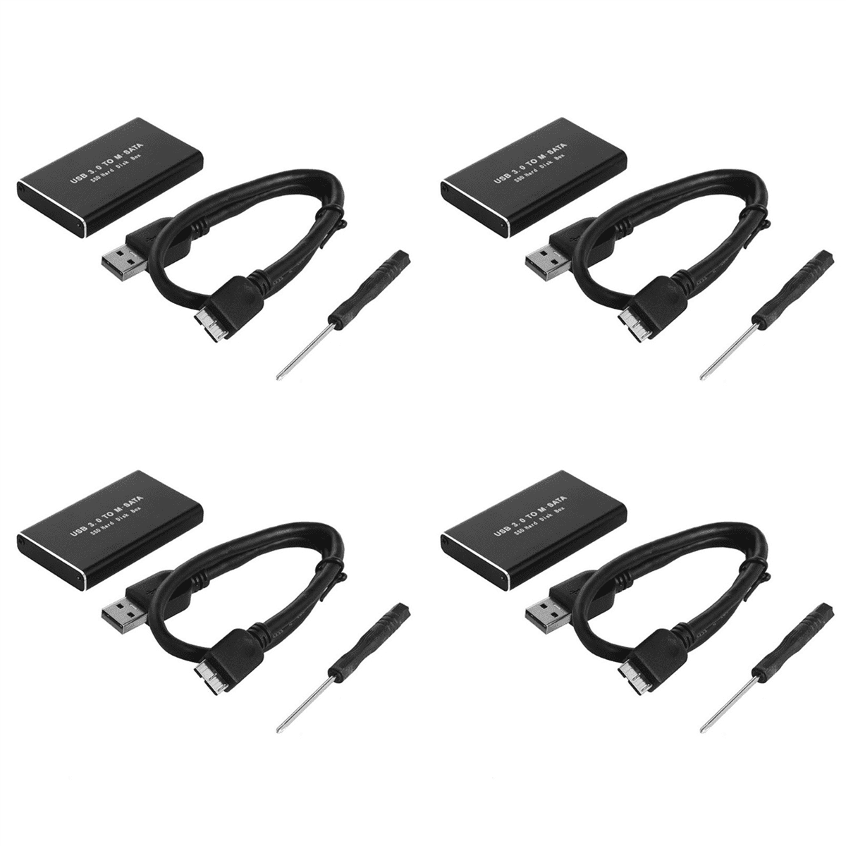 4X MSATA to USB 3.0 SSD Enclosure External Hard Drive Disk Box Storage Case Adapter for 30X50mm 30X30mm MSATA SSD Aluminum alloy Black,4 x SSD Box 4 x USB3.0 Cable 4 x Screwdriver 8 x Screw