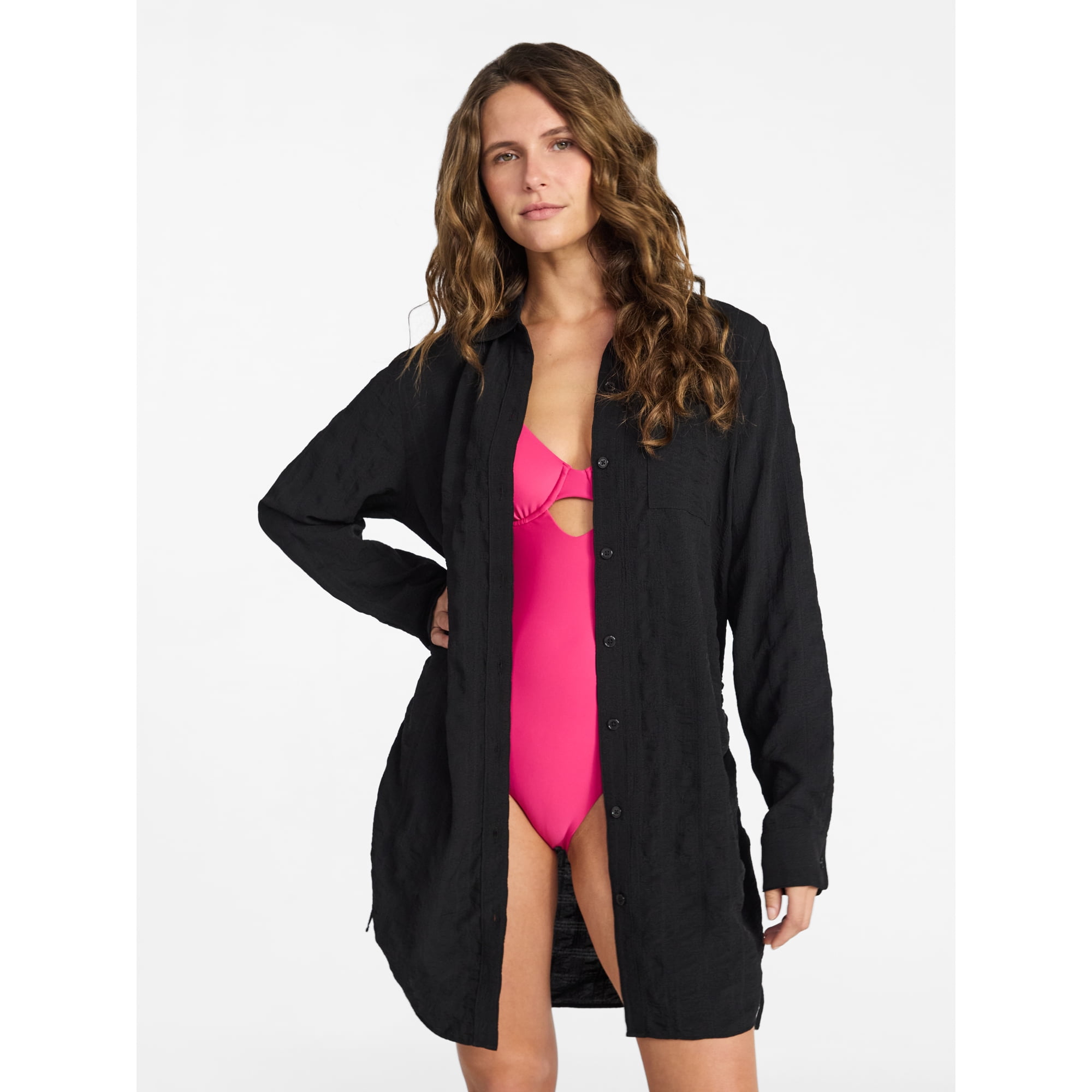 Time and Tru Women's Essentials Convertible Button Down Shirt Coverup, Sizes XS-3X