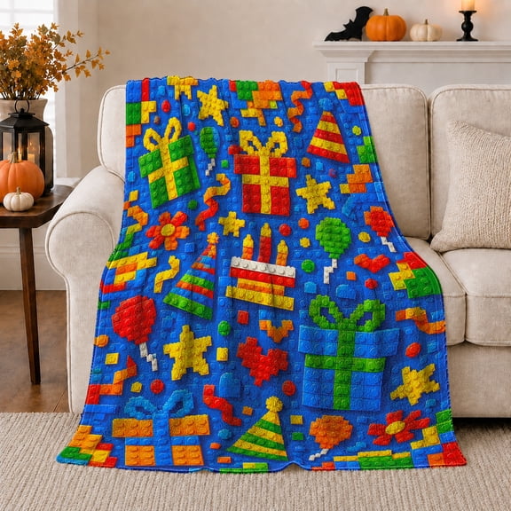 Retro Pixel Birthday Cake Balloons Party Hats Wrapped Boxes Block Art Flannel Blanket For Celebration Fans, Cozy Blue Home Decor For Bedroom Living Room Birthday Gift