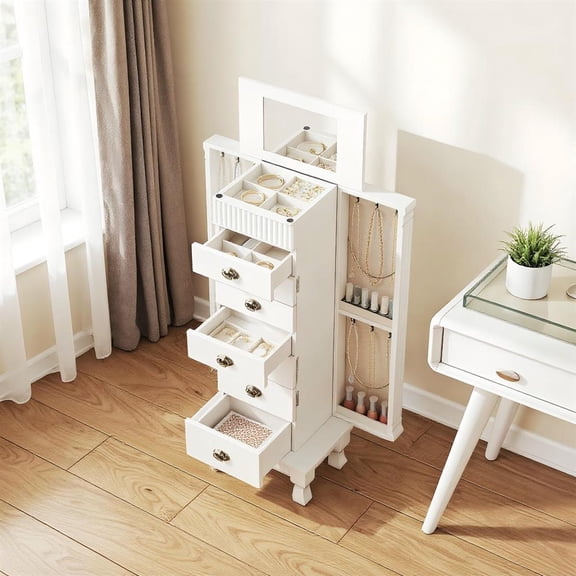 Topcobee Wooden Jewelry Armoire Cabinet Storage Chest with Drawers and Swing Doors, Modern Furniture for Living Room Bedroom-White