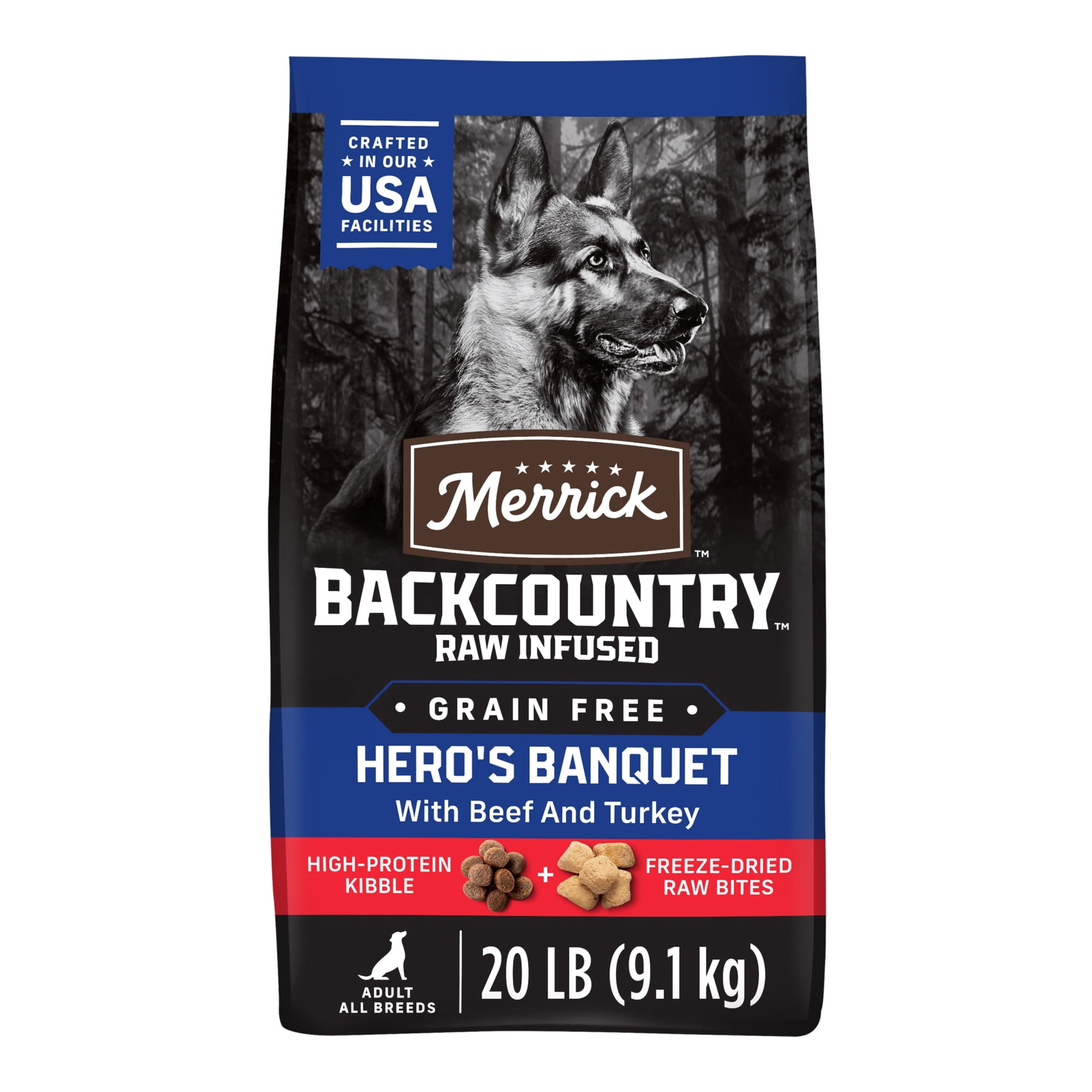 Merrick Backcountry Grain Free Dry Adult Dog Food, Kibble With Freeze Dried Raw Pieces, Hero’s Banquet Recipe, 20.0 lb. Bag