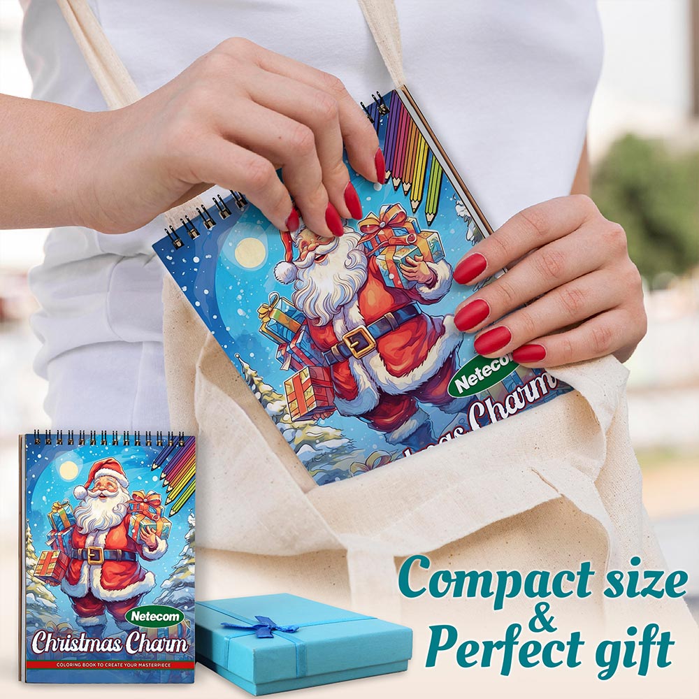 Netecom Christmas Charm Coloring Book Spiral Bound for Adults, A5 Wooden Cover, 30 Delightful Coloring Pages of Festive Holiday Scenes for Stress Relief and Relaxation