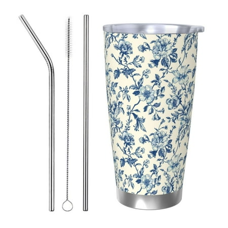 

Zeuib Vintage Blue Floral Printed 20oz Stainless Steel Insulated Car Cup Stainless Steel Thermal Cup Vacuum Insulated Leak-proof Travel Mug Cup-Straw Three-piece Set