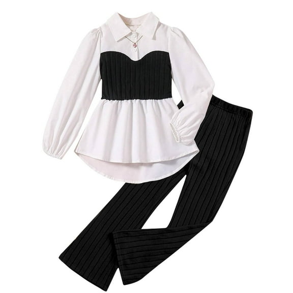 Atogsazn Kids Causal Spring Fall Clothes Set Girls Lantern Long Sleeve T Shirts and Pants 2 Piece Outfits Black 12-14 Years