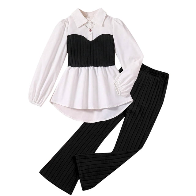 Odeerbi 6-13 Años Niñas Conjuntos Ruffle Plisado Cintura Camisa Manga Larga Pata Ancha Pantalones Dos-Conjunto de Dos Piezas