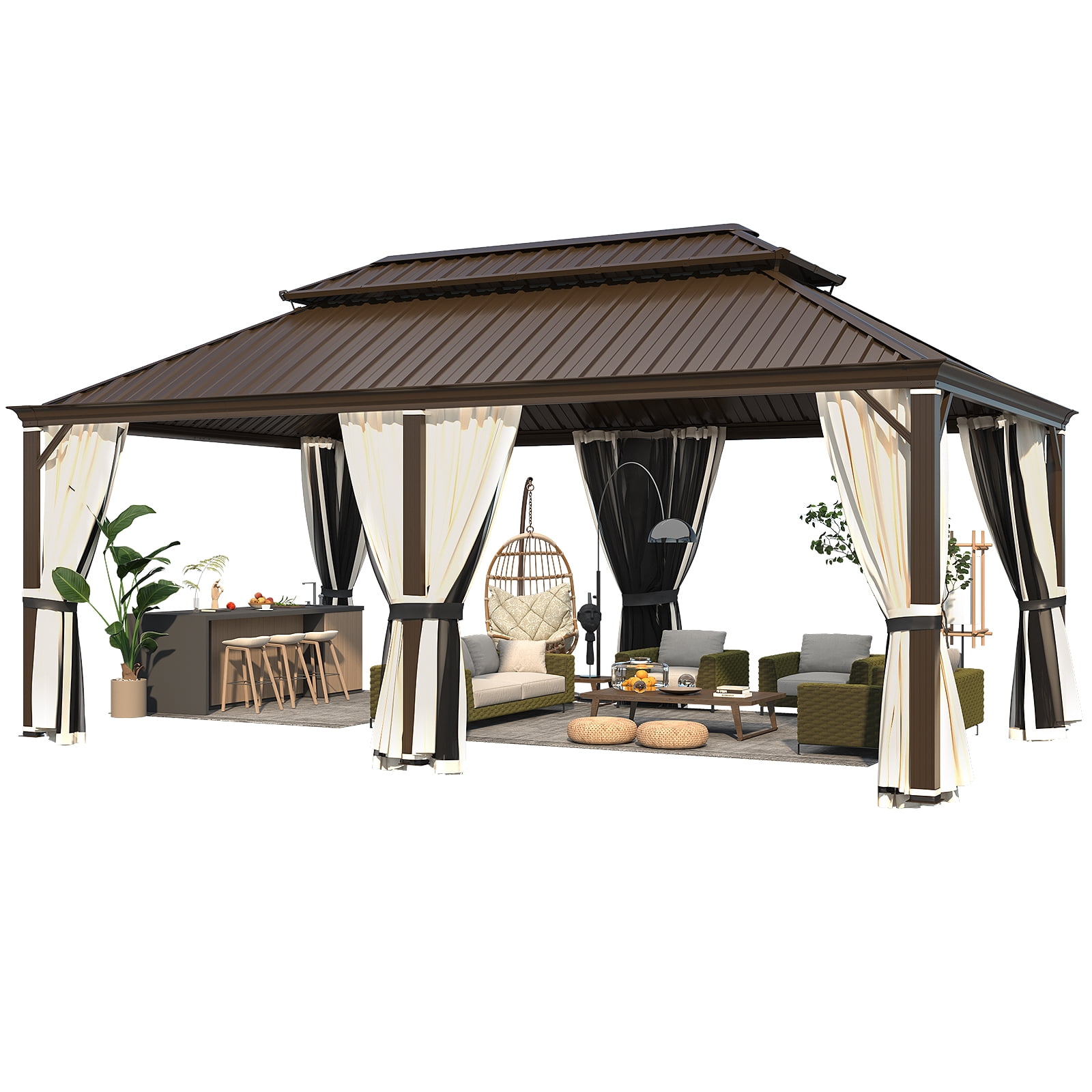 Hommow 12' x 20' Hardtop Gazebo with Steel Double Roof, Anti-Rust Coating Aluminum Frame Permanent Outdoor Waterproof Pavilion