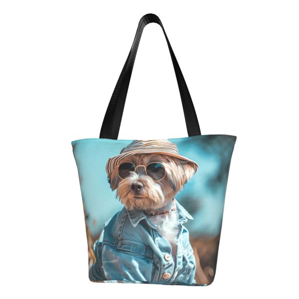 Fotbe Stylish Dog in Denim Outfit Bolsa de Playa con Estampado, Bolsa de Hombro, Bolsa de Mano Espaciosa, Bolsa de Viaje Ligera, Bolsa de Compras Versátil