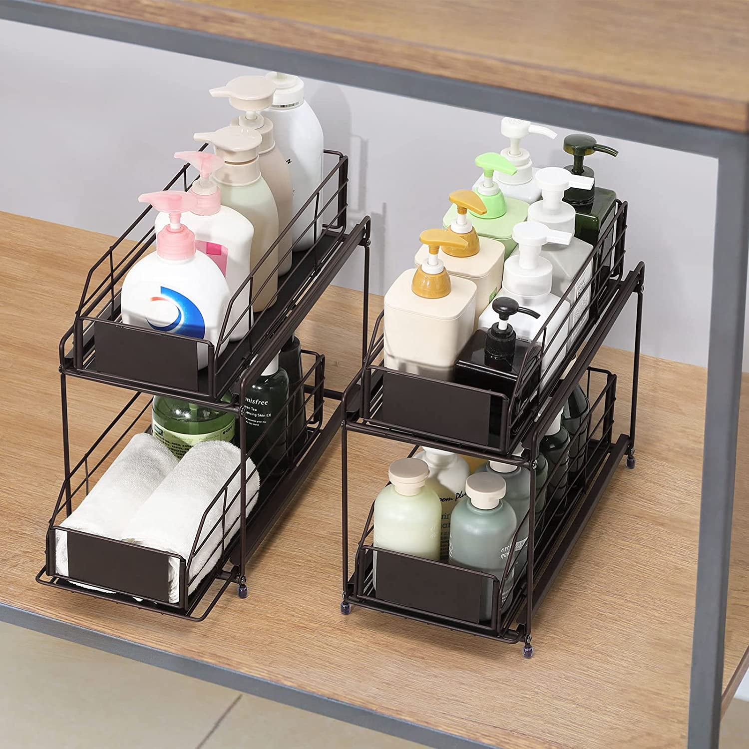 2-Tier Cabinet Storage Organizer Baskets with Sliding Drawer Set of 2, Brown